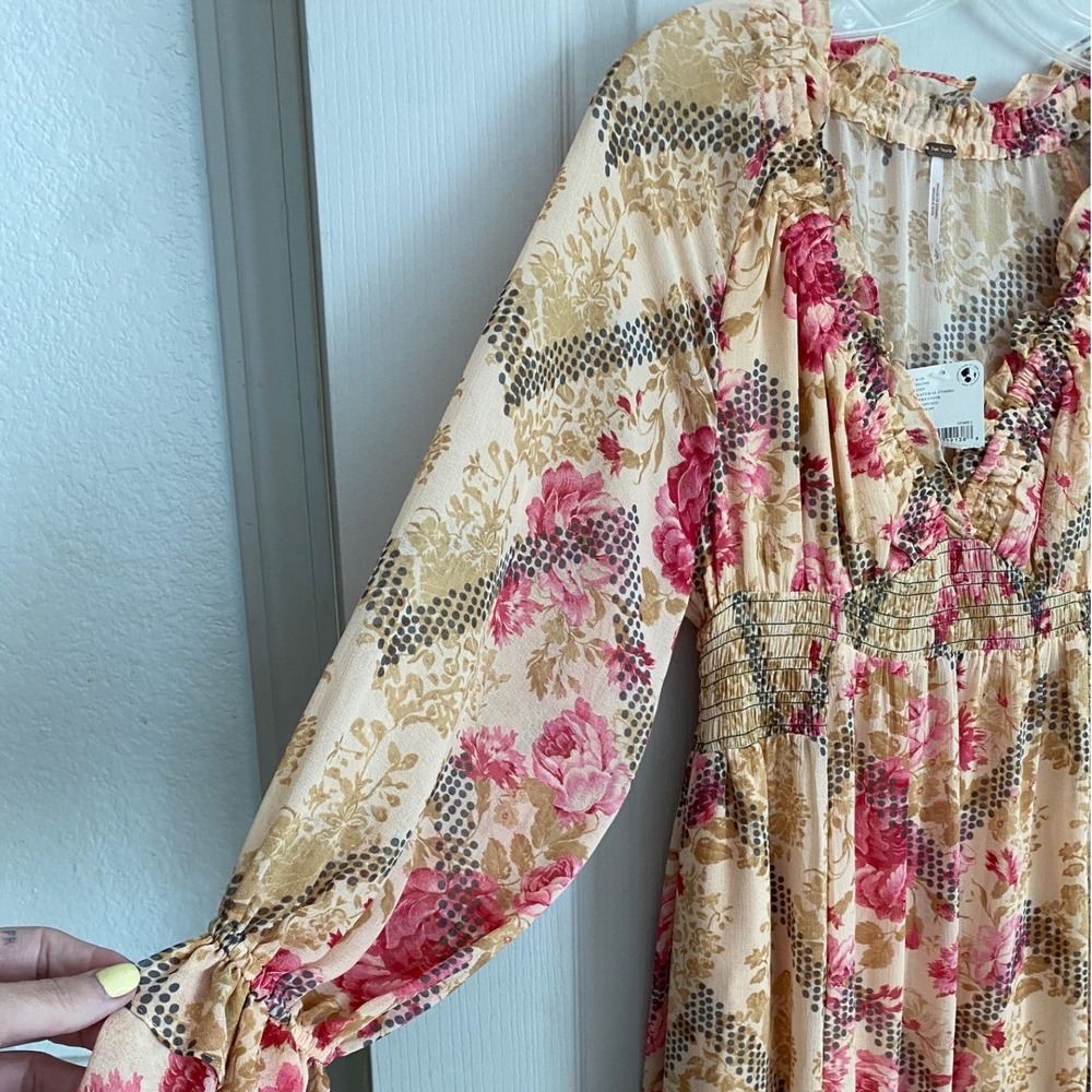 Free People Floral Maxi Dress Natural Combo V-Neck Smocked Waist Small OB2097030 - Picture 8 of 15